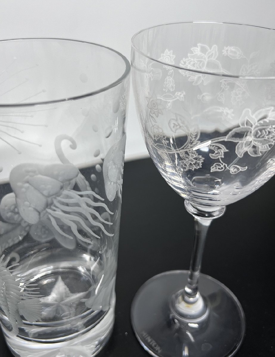 Minton/ミントン ペアワイングラス 彫刻タンブラーグラス 2点セット 極美品-D2210_写真実物・中古美品