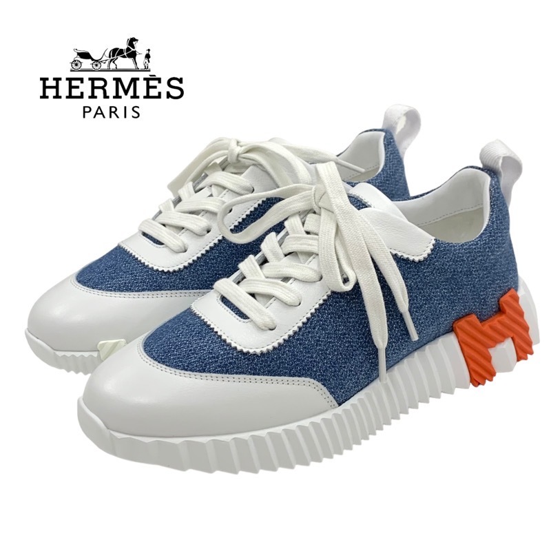 未使用 エルメス HERMES バウンシング スニーカー 靴 シューズ デニム レザー ブルー ホワイト