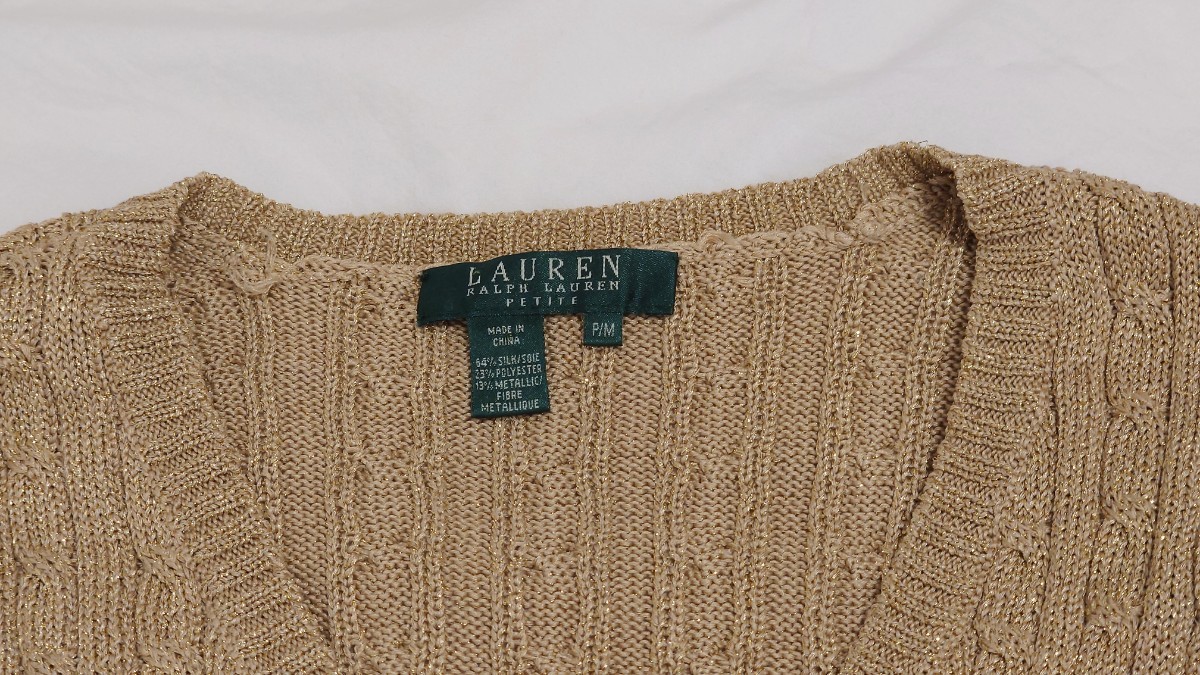 ○ USED LAUREN by Ralph lauren ラルフローレン Vネック ケーブル編み シルクニット 長袖 カットソー ゴールド 金 ラメ P/M ○_画像3