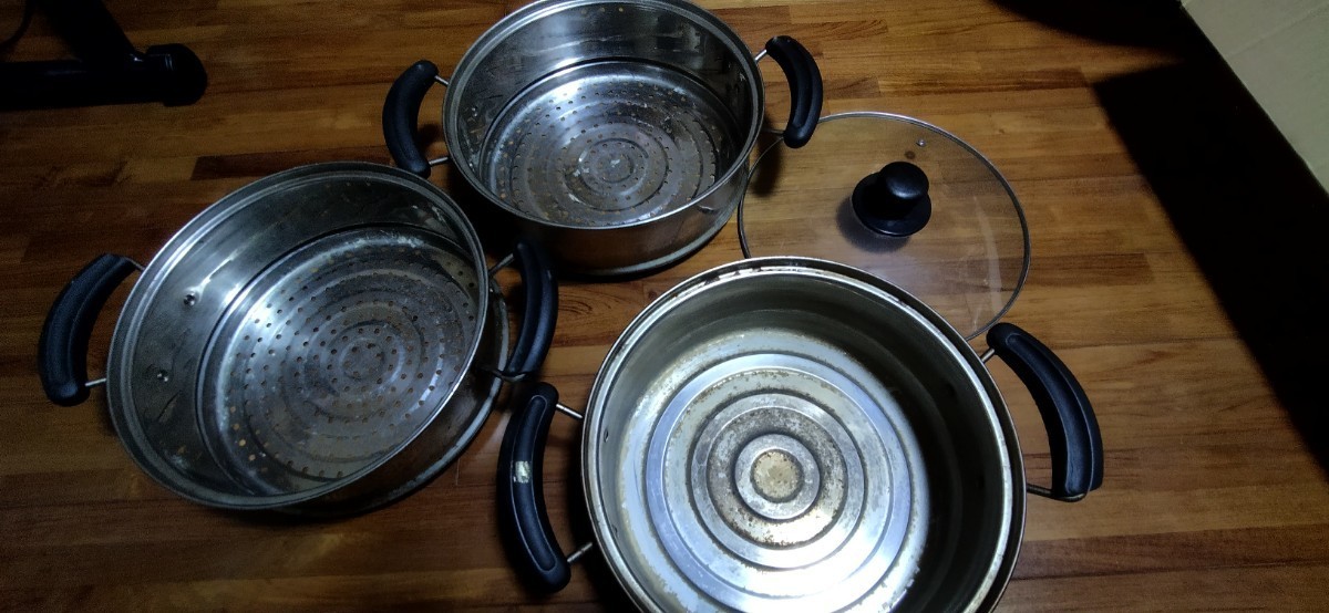 蒸し鍋、二段蒸し器、調理器具、 鍋 キッチン用品 両手鍋 ガラス蓋付、中古_画像2