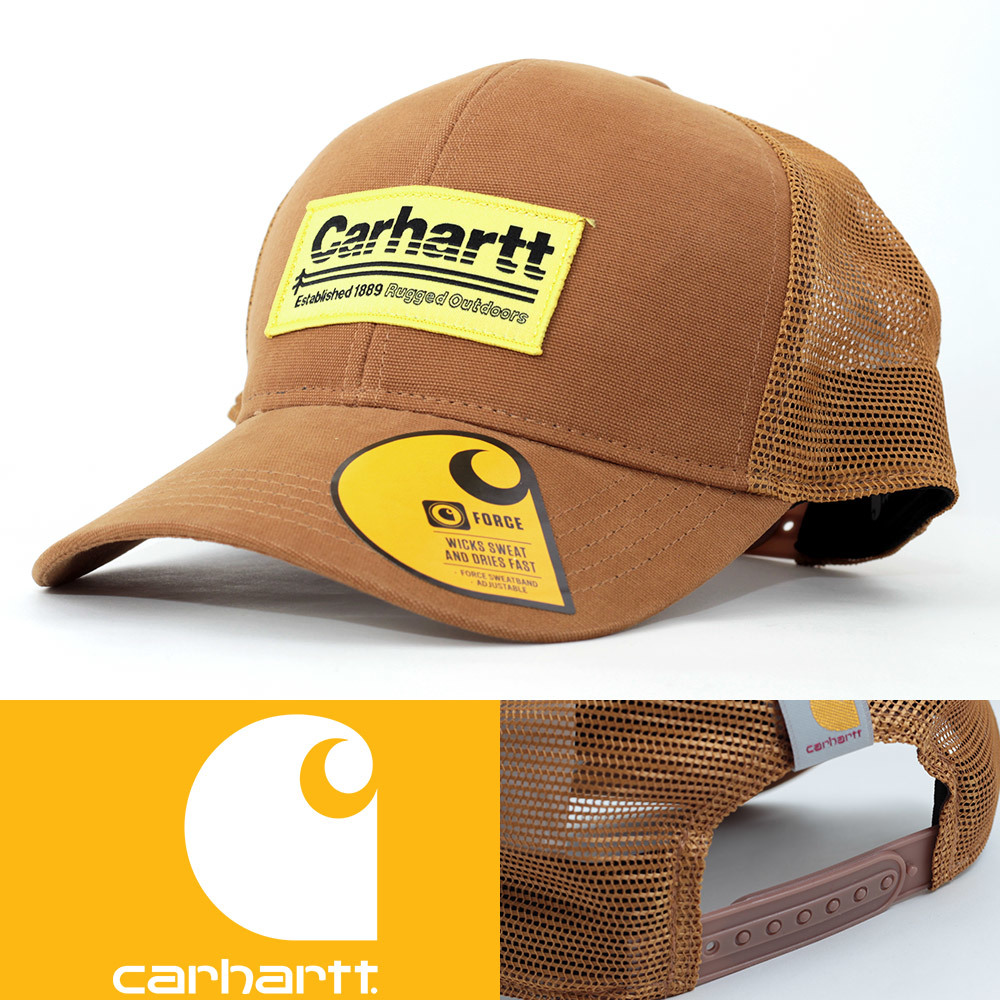 メッシュキャップ 帽子 メンズ カーハート Carhartt 105693 Mesh Back Outdoors Patch Trucker Hat ブラウン 3HJNK-01 USAの画像1