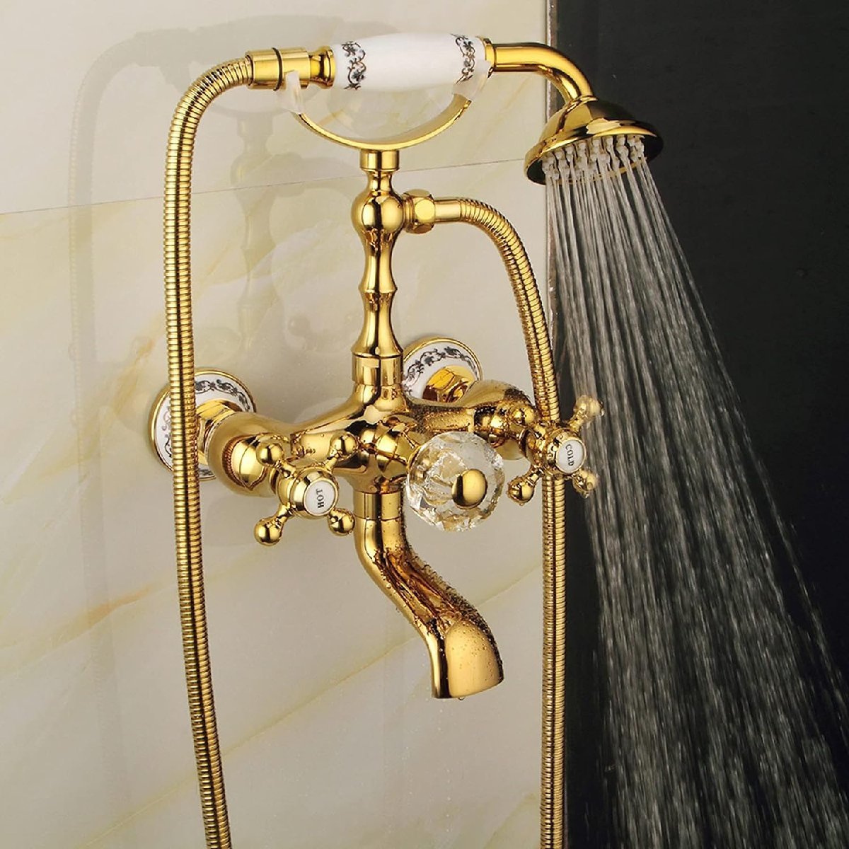 壁付け混合水栓ゴールド 浴室水栓ダブルハンドルシャワーバー 水栓金具付きハンドヘルドシャワー浴室の改修用