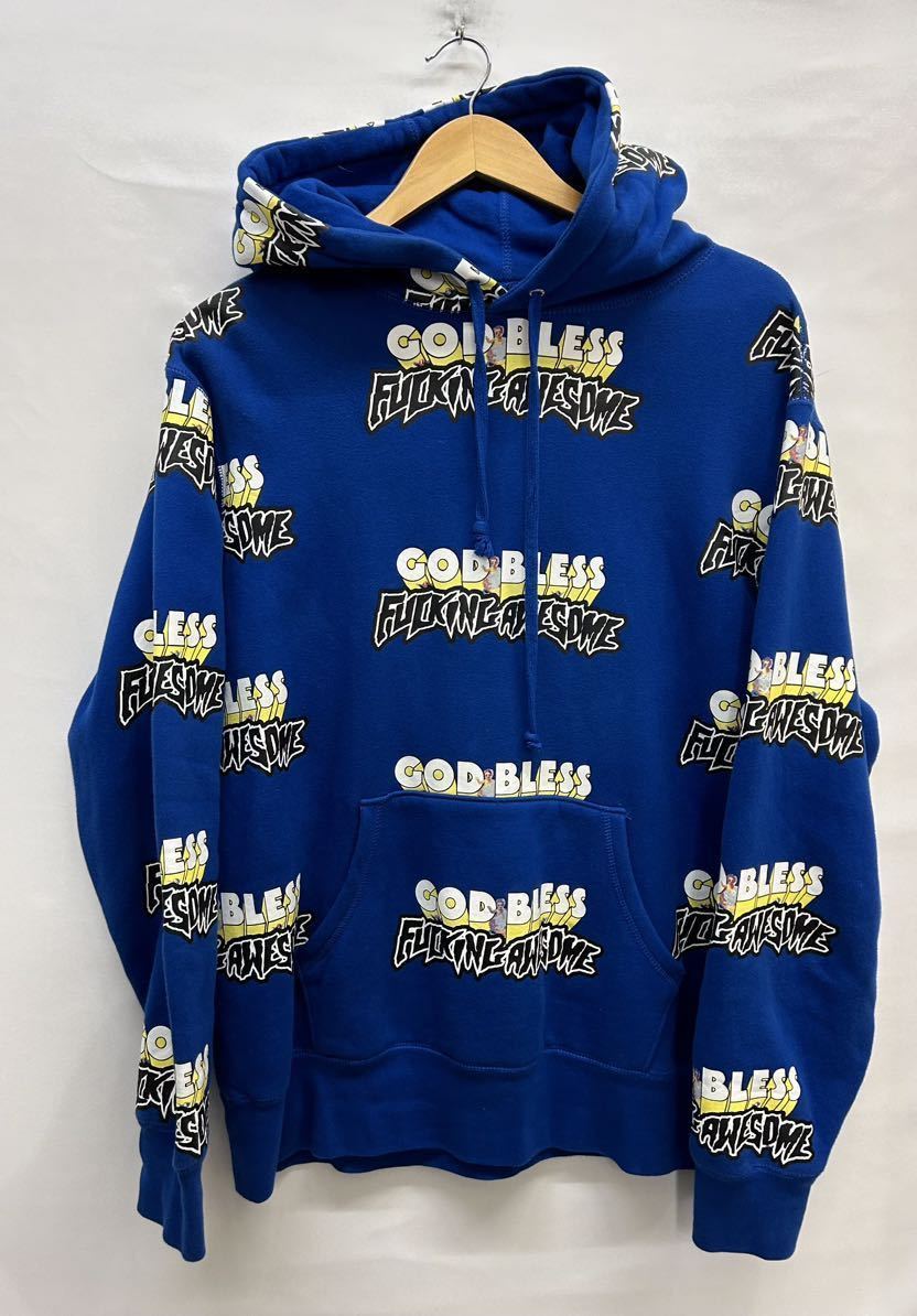 20240221【FUCKING AWESOME】ファッキングオーサム パーカー GOD BLESS FA HOODIE L ロゴ 総柄_画像1