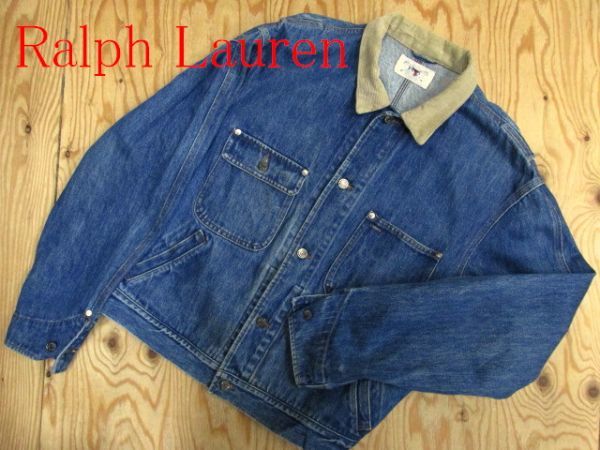 ★ラルフローレン RalphLauren★メンズ 革パッチ デニムジャケット 襟コーデュロイ USA製★R60211036A_画像1