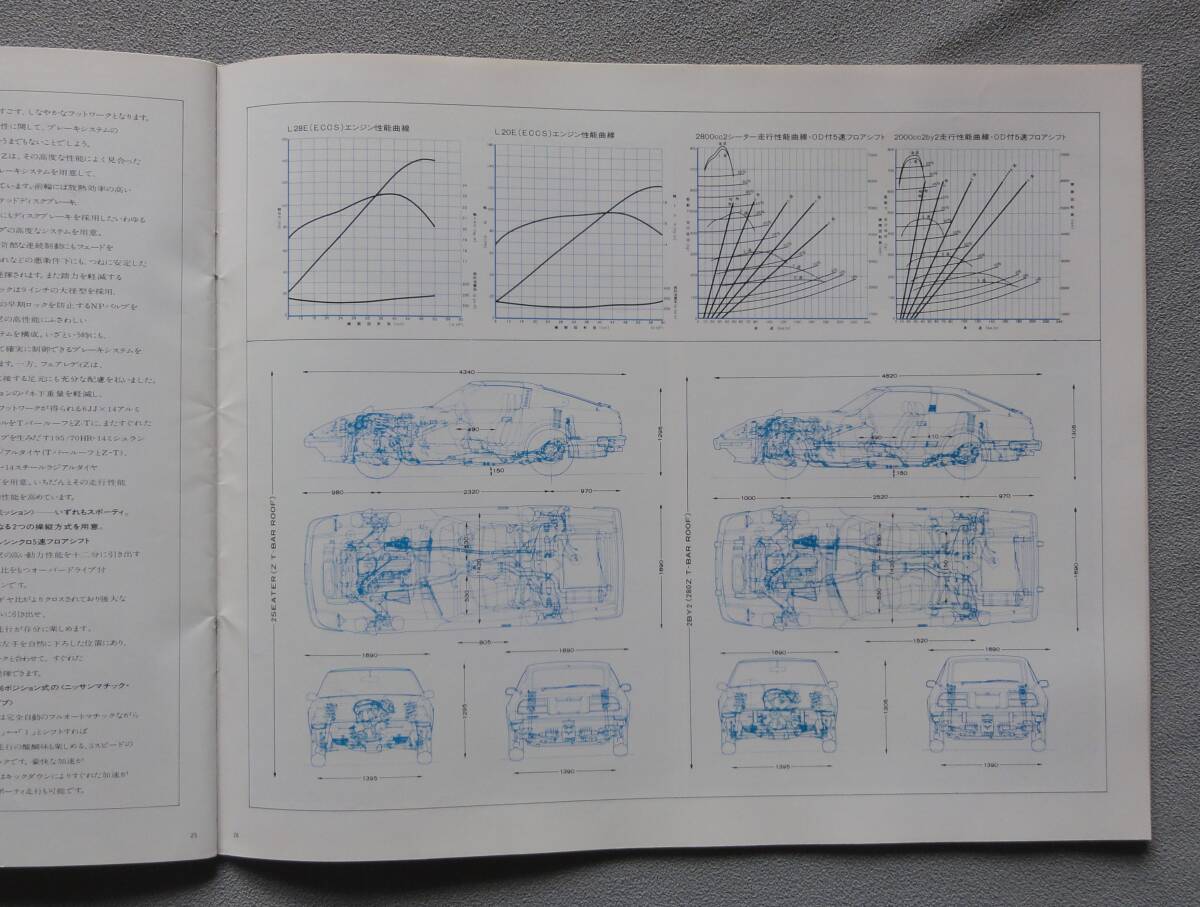 ◆ 昭和の カタログ ◆ 2代目 フェアレディZ S130 前期型 Ｔバールーフ 追加時 2シーター＆2by2 ◆全車燃料噴射方式はＥＣＣＳ ニッサン _画像9エンジン性能と走行性能曲線図、4面図