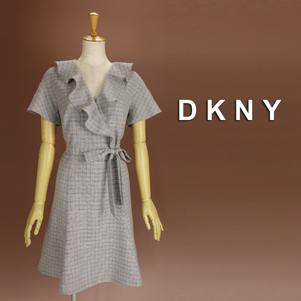 新品 DKNY 6/11号 ダナキャラン グレー チェック ワンピース パーティドレス 半袖 結婚式 二次会 披露宴 フォーマル お呼ばれ 華41K0601