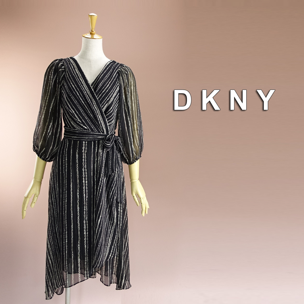 新品 DKNY 4/9号 ダナキャラン 黒 白 シフォン ワンピース パーティドレス 長袖 結婚式 二次会 フォーマル お呼ばれ 発表会 華39K2302_画像1