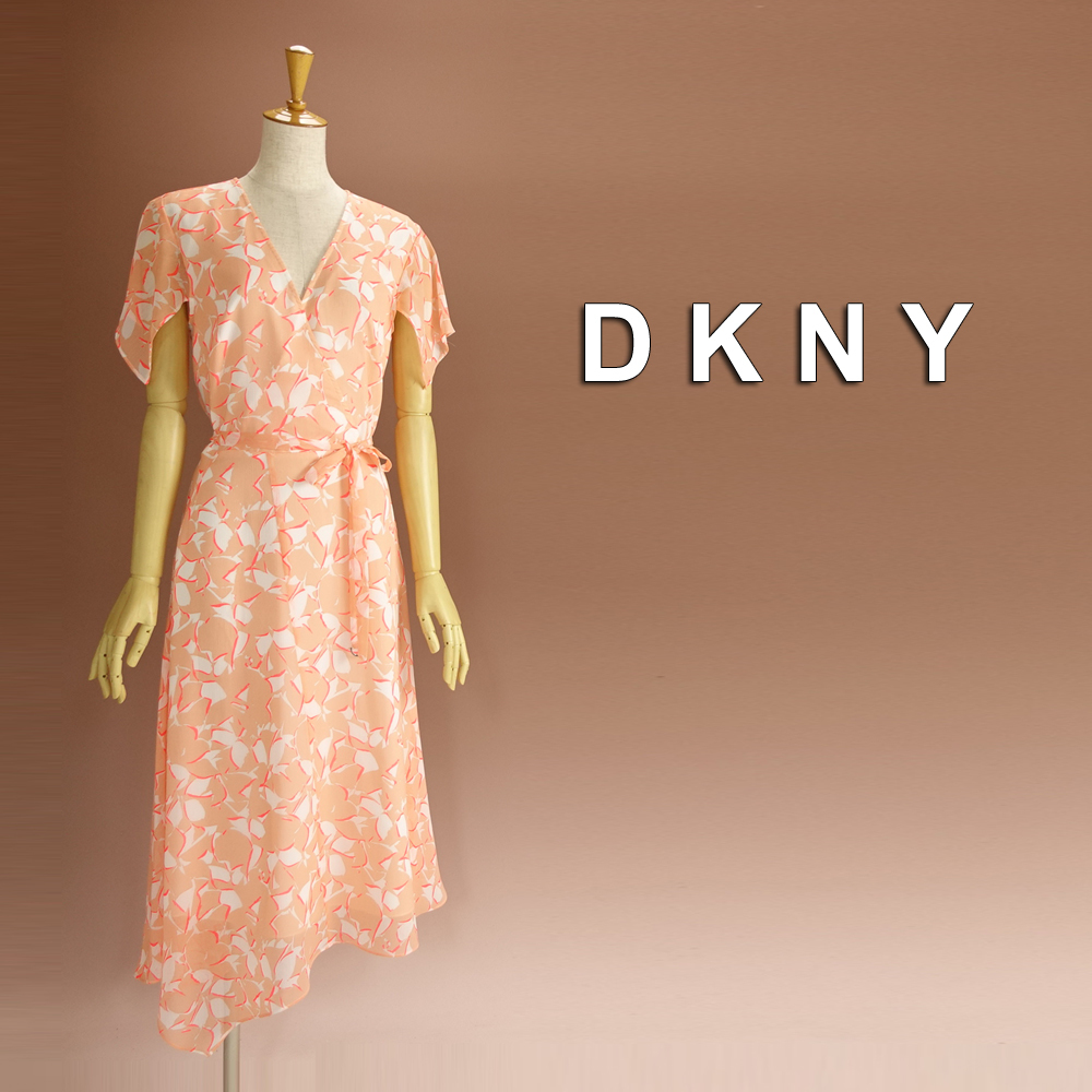 半額セール★新品 DKNY 2/9号 ダナキャラン ピンク オレンジ 白 ワンピース パーティドレス 半袖 結婚式 二次会 フォーマル 華44CC2601_画像1