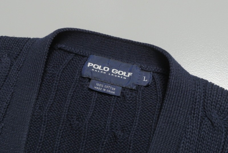 TH1192◇90s ポロゴルフ POLO GOLF ラルフローレン メンズL ボタンフロント コットン ケーブルニット ベスト ジレ ネイビー系_画像6