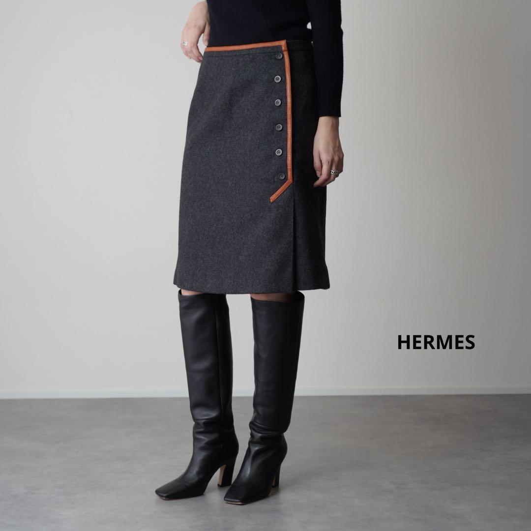  прекрасный товар HERMES Hermes шерсть юбка кожа лента трубчатая обводка боковой кнопка mi утечка длина подкладка есть шт. форма Silhouette 40 угольно-серый 