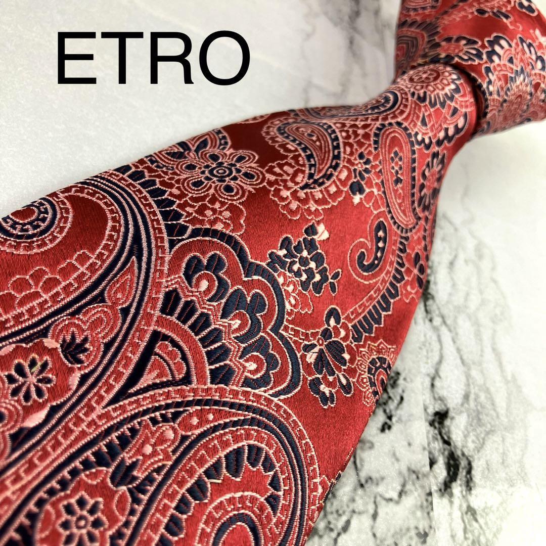 ETRO エトロ　ネクタイ　ジャガード　ペイズリー柄　レッド　刺繍　光沢_画像1