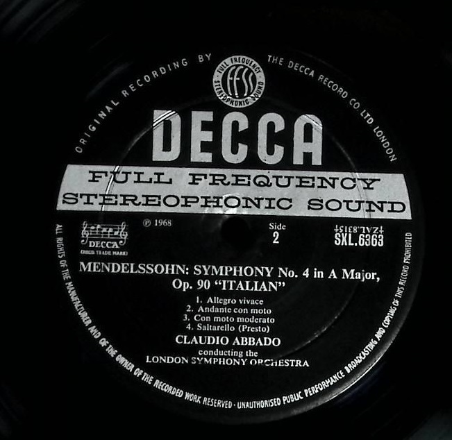 【Wilkinson優秀録音】メンデルスゾーン スコットランド/イタリア アバド指揮ロンドンSO 英Decca Wide-Band溝付ED1ラベル盤SXL6363(2G/1G)_画像5