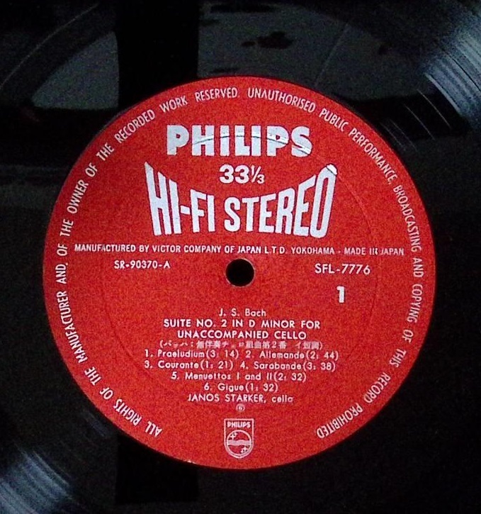 シュタルケル バッハ 無伴奏チェロ組曲(Starker Bach Cello Suite) No.2 & No.5 日Philips Hi-Fi Stereo Label盤SFL-7776(=SR90370)_画像3