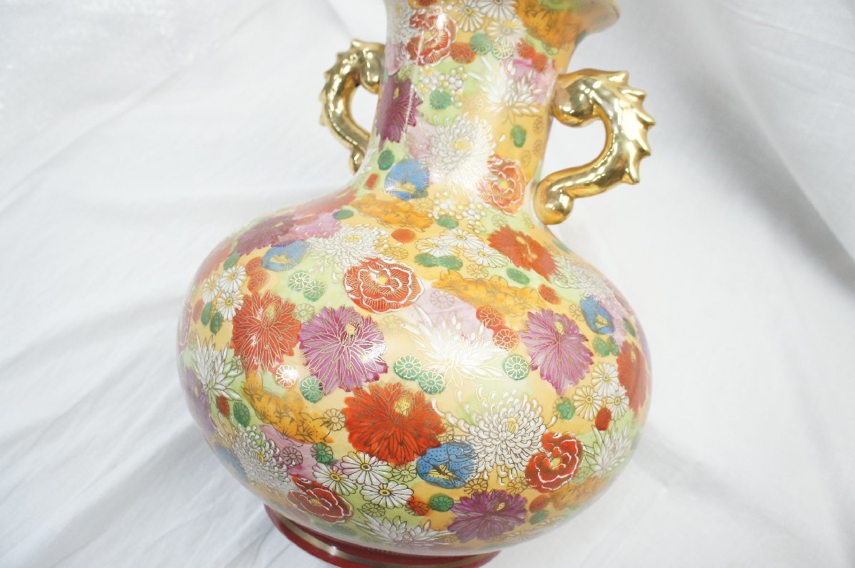 15★【中古】九谷焼 花瓶 耳つき 金彩 花器 花瓶 花入 色絵 耳付 花模様 約3.7kg 高さ約34.5cm★334N7　/3ｂ*_画像6