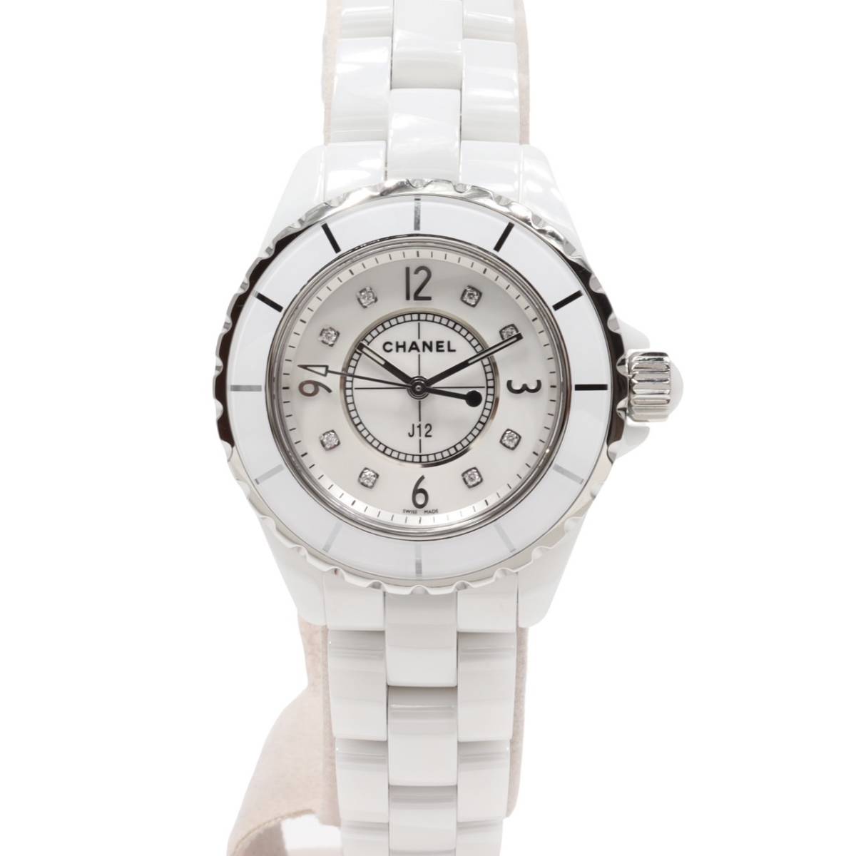半年間保証 CHANEL シャネル J12 H2422 UNI 8P ダイヤモンド ホワイト セラミック SS シェル文字盤 白 白文字盤 クオーツ 腕時計