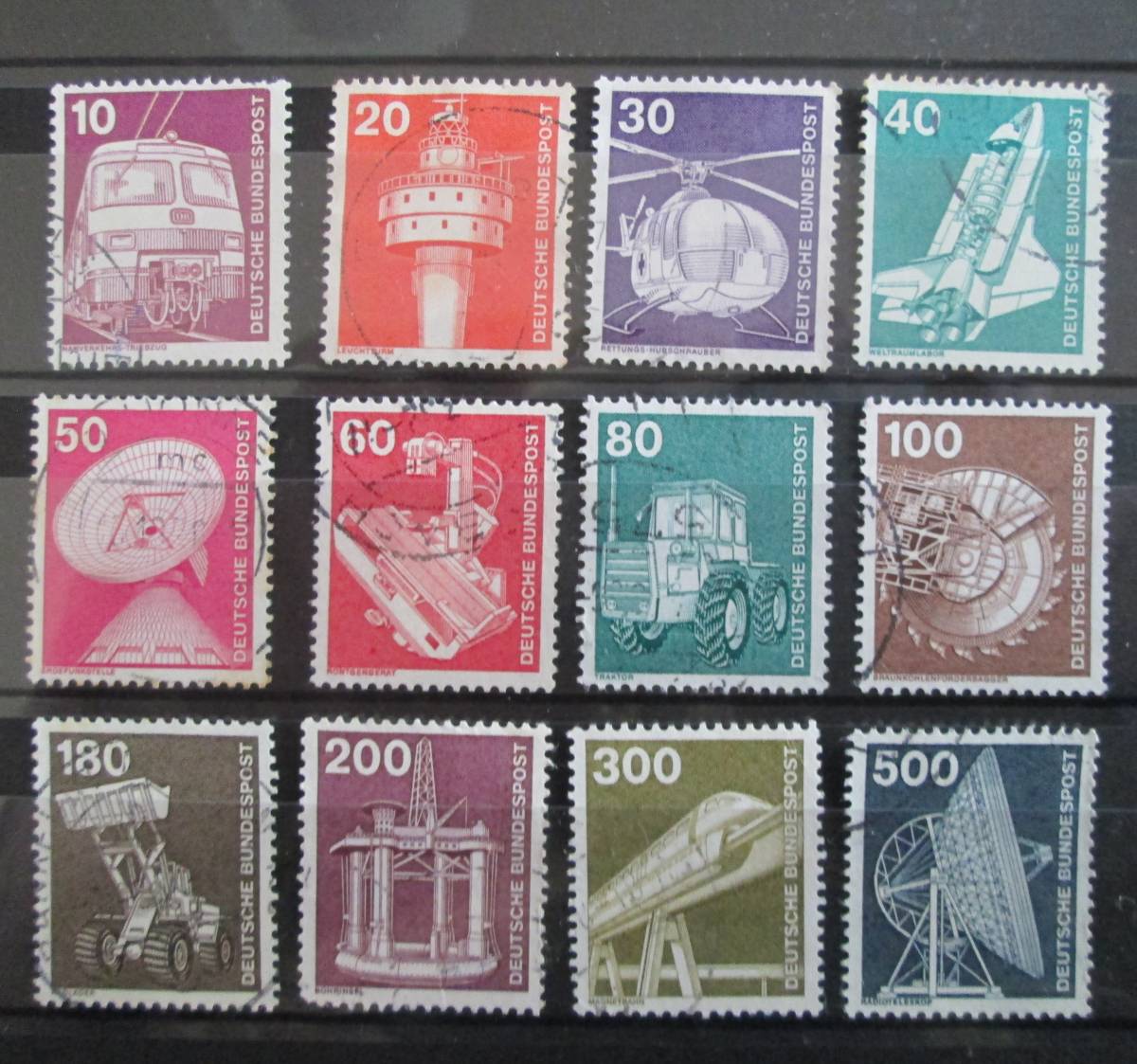 ドイツ普通切手  1975年 産業・技術・機械シリーズ  10～500Pf：ヘリコプター、リニアモーターカー,電波望遠鏡など  12種  使用済みの画像1