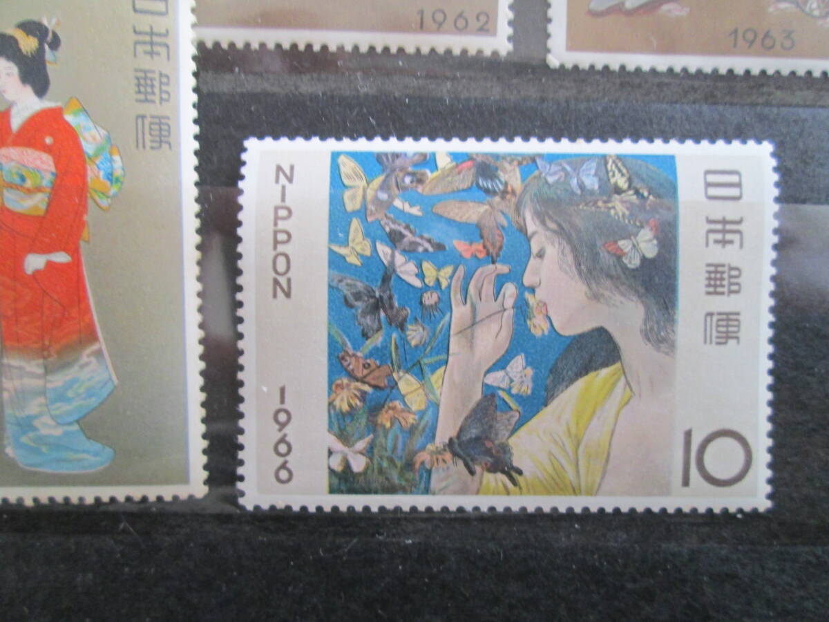 記念切手　未使用 切手趣味週間　1957～66　 額面10円　 10種　 裏面シミアリ　2級品_画像8