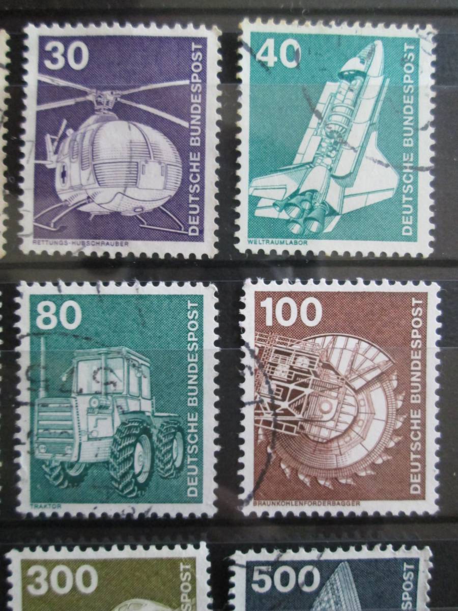 ドイツ普通切手  1975年 産業・技術・機械シリーズ  10～500Pf：ヘリコプター、リニアモーターカー,電波望遠鏡など  12種  使用済みの画像3