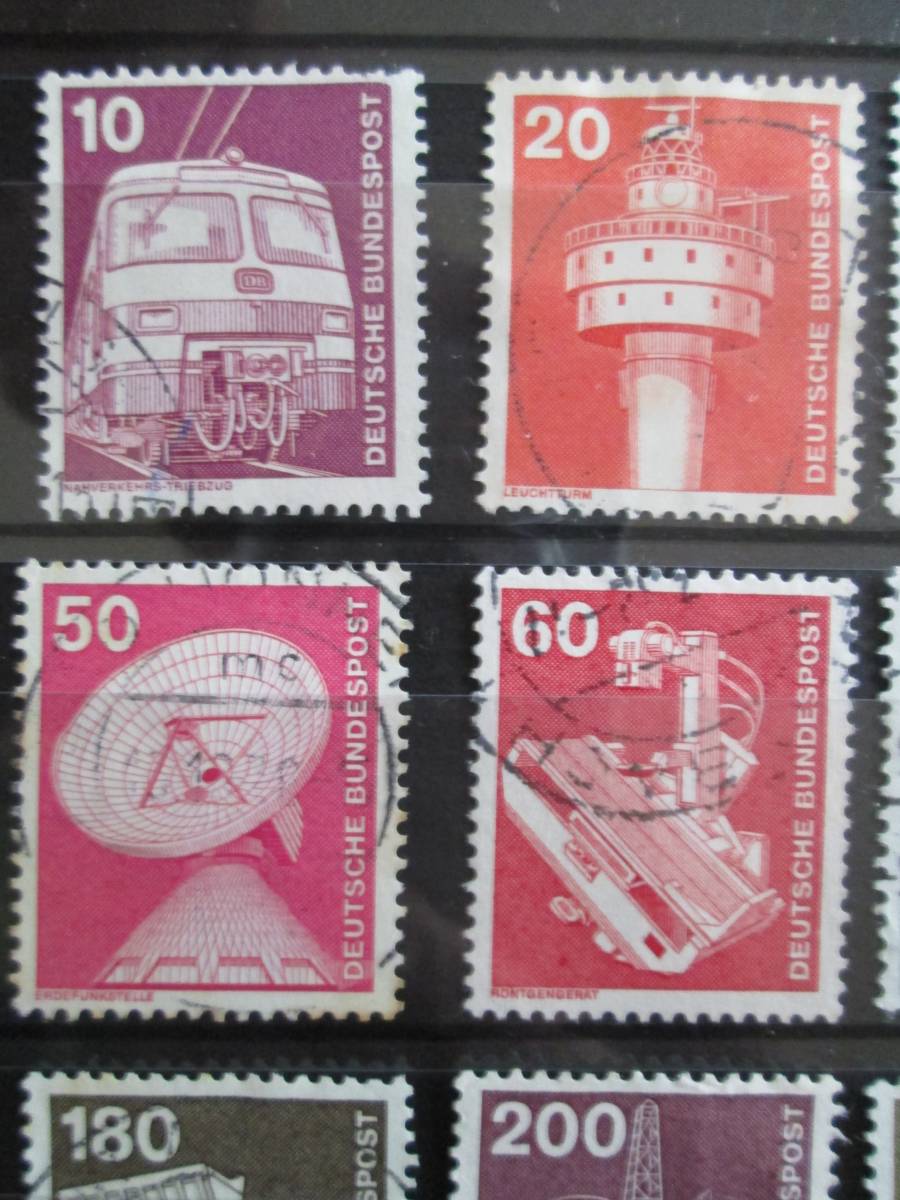 ドイツ普通切手  1975年 産業・技術・機械シリーズ  10～500Pf：ヘリコプター、リニアモーターカー,電波望遠鏡など  12種  使用済みの画像2