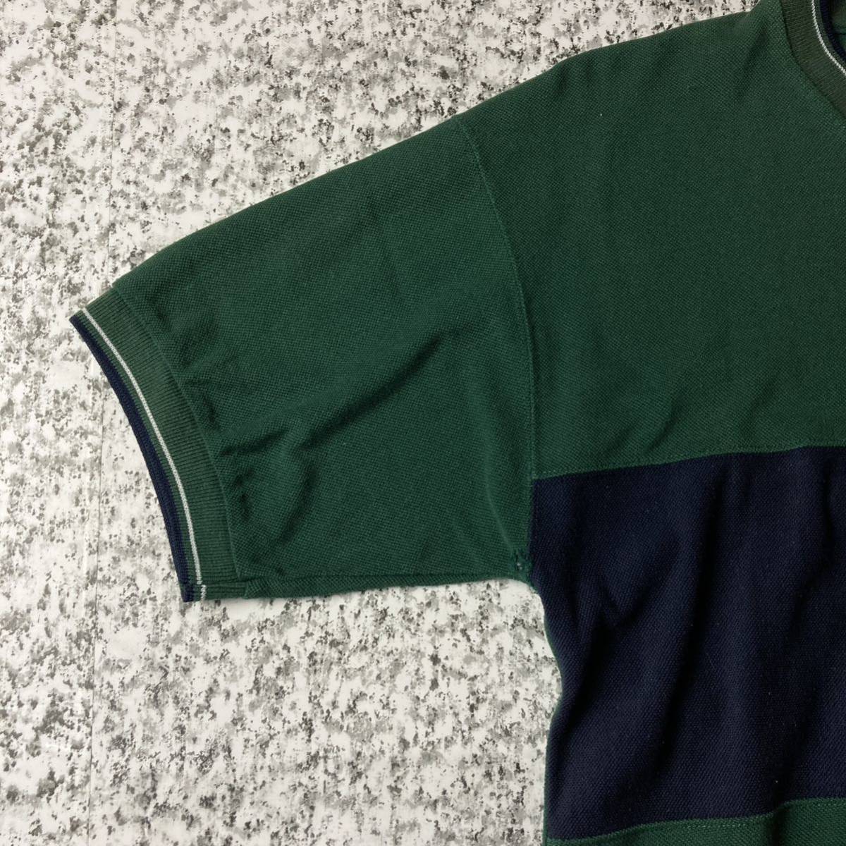【80sフランス製】フレンチラコステ　Vネックボーダー　ビンテージ鹿子Tシャツ　グリーン　Mサイズ