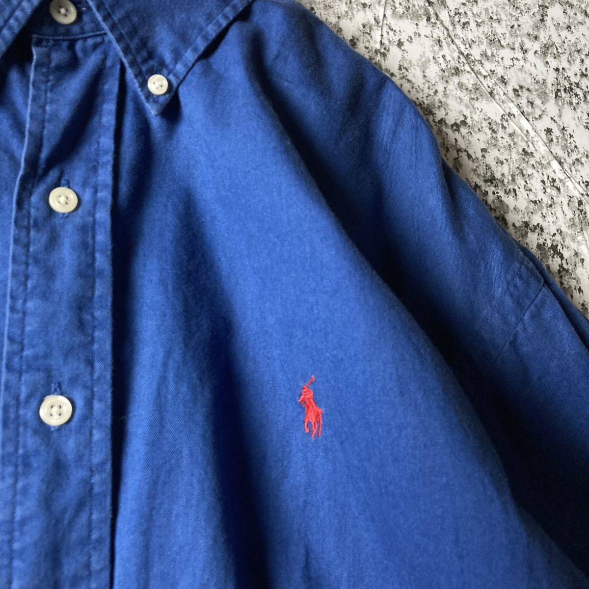 【90sオールド】ラルフローレン　刺繍ロゴ　BDビンテージL/Sシャツ　ネイビー　Lサイズ 古着　長袖シャツ ビッグシルエット