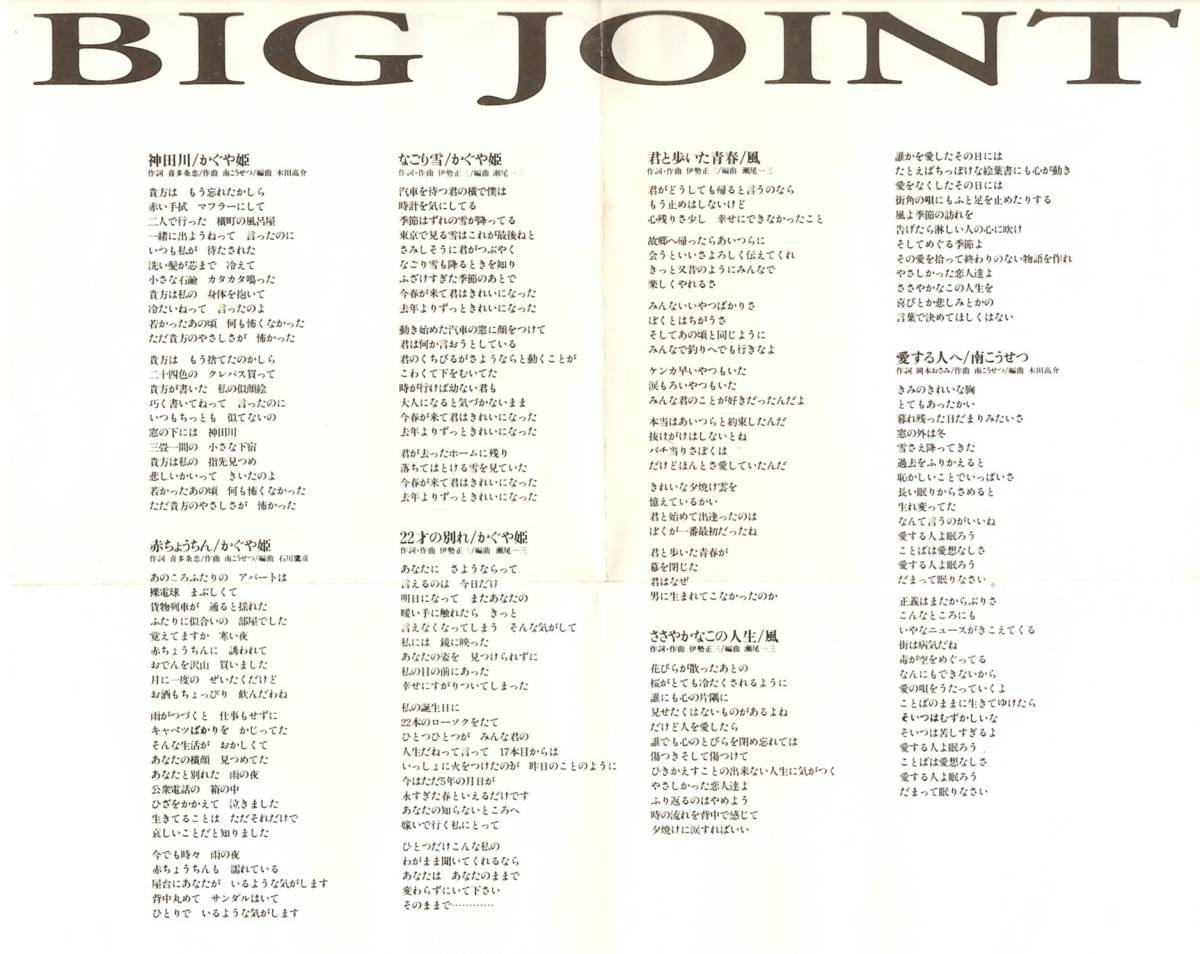 風、かぐや姫、谷村新司、アリス、堀内孝雄、他「BIG JOINT」ベスト盤CD＜22才の別れ、なごり雪、昴、神田川、赤ちょうちん、他収録＞_歌詞カードに汚れあり。