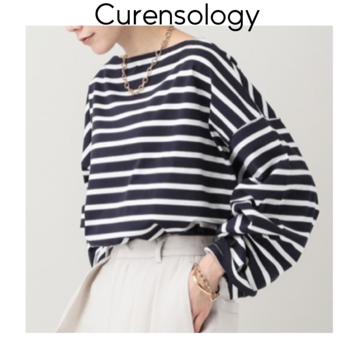 Curensology カレンソロジー　&RC ボーダーボートネックプルオーバー　ホワイト 長袖　刺繍　ブラック　コットン　日本製