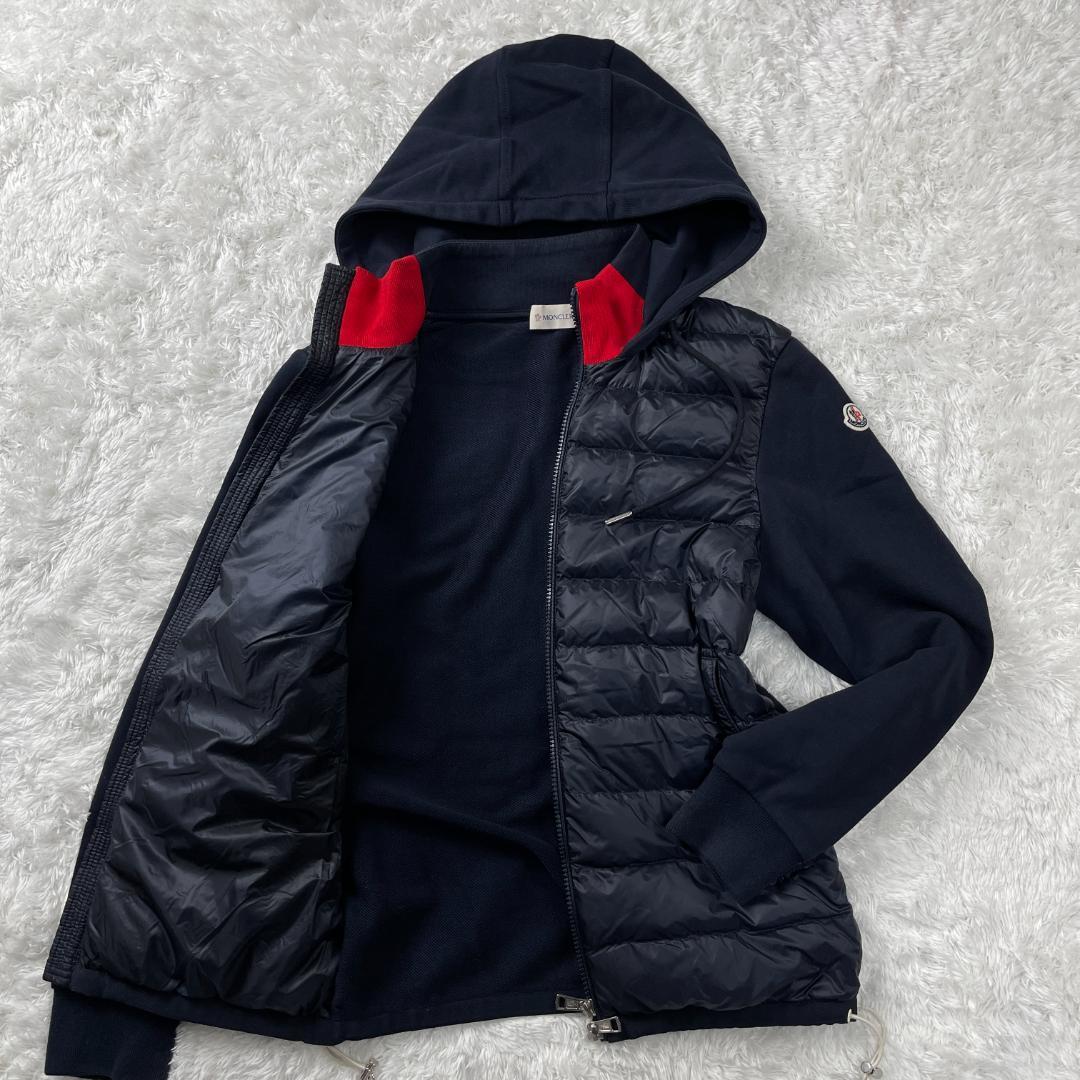 極美品◎ モンクレール ダウンジャケット パーカー ニット 切り替え トリコットカーディガン ネイビー MONCLER ロゴワッペン ブルゾン