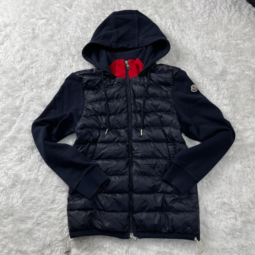 極美品◎ モンクレール ダウンジャケット パーカー ニット 切り替え トリコットカーディガン ネイビー MONCLER ロゴワッペン ブルゾンの画像2