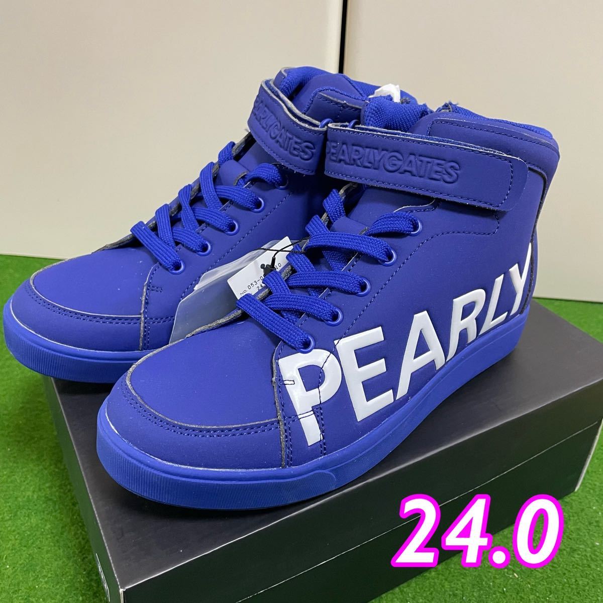 [ новый товар не использовался ]PEARLY GATES Pearly Gates * боковой Logo средний cut обувь 24.0cm туфли для гольфа голубой желтый цвет шиповки 