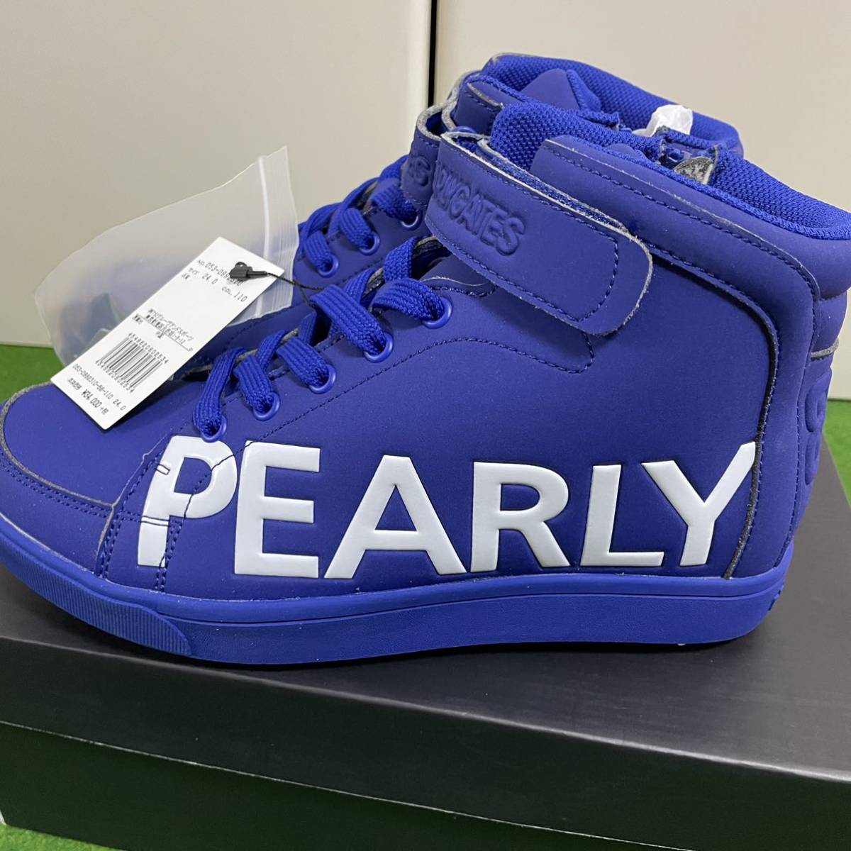 [ новый товар не использовался ]PEARLY GATES Pearly Gates * боковой Logo средний cut обувь 24.0cm туфли для гольфа голубой желтый цвет шиповки 