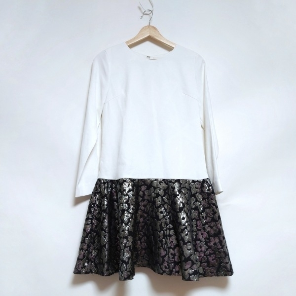  Chesty Chesty size 1 S - white × black × silver lady's crew neck / long sleeve / knee height / floral print One-piece 