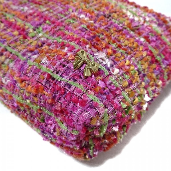 myugeMUGUET clutch bag - tweed pink × yellow green × multi ribbon beautiful goods bag 