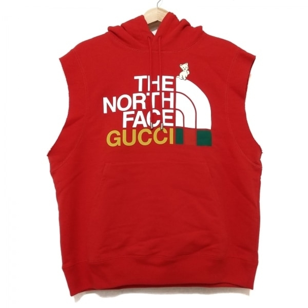 グッチ GUCCI パーカー サイズXS 663243 レッド×白×マルチ メンズ ノースリーブ/×THE NORTH FACE 美品 トップス