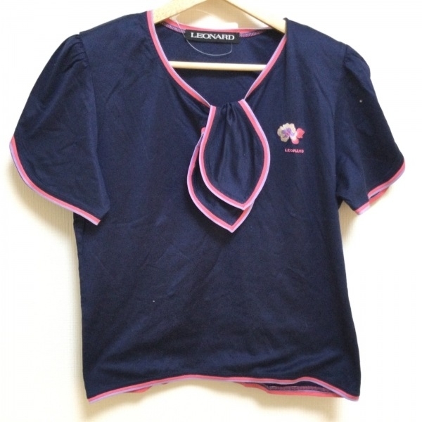レオナール LEONARD 半袖カットソー サイズL - ダークネイビー×ピンク レディース 刺繍 トップス