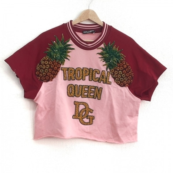 ドルチェアンドガッバーナ DOLCE&GABBANA トレーナー サイズ40 M - ピンク×ボルドー レディース 半袖/TROPICAL QUEEN/ビーズ/スパンコール