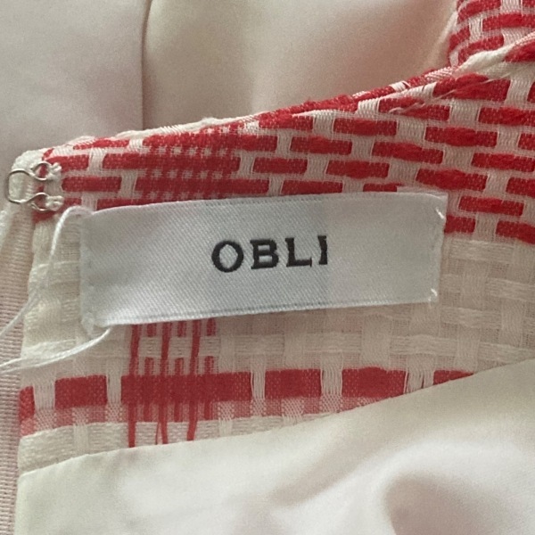 オブリ OBLI サイズF - 白×レッド レディース クルーネック/半袖/ひざ丈/チェック柄 ワンピース_画像3