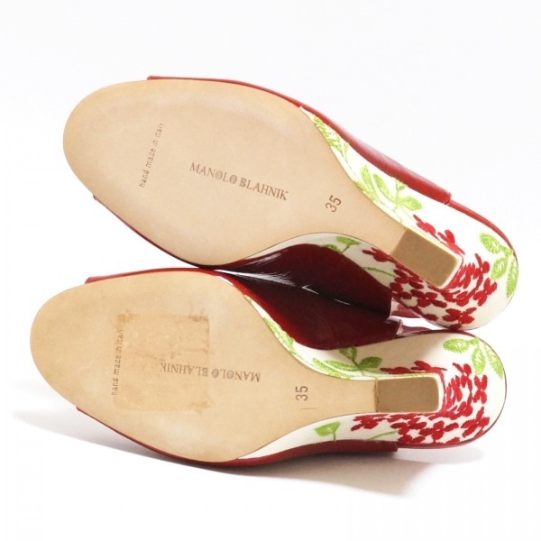  Manolo Blahnik MANOLO BLAHNIK sandals 35 - enamel ( leather )× cotton red × ivory × green lady's beautiful goods shoes 