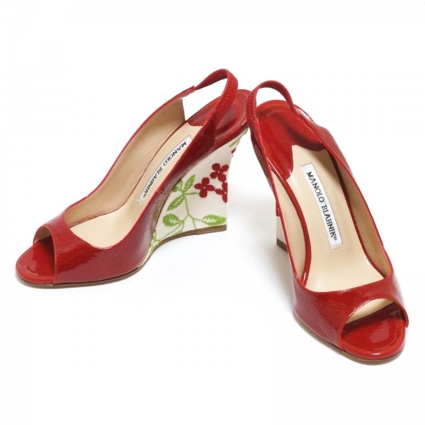  Manolo Blahnik MANOLO BLAHNIK sandals 35 - enamel ( leather )× cotton red × ivory × green lady's beautiful goods shoes 