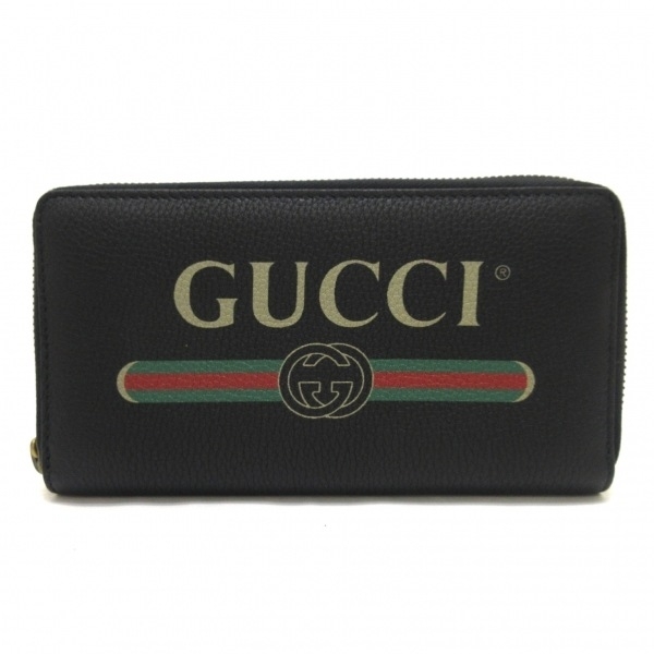 グッチ GUCCI 長財布 496317 プリント ジップアラウンドウォレット レザー 黒×ベージュ×マルチ ラウンドファスナー 美品 財布