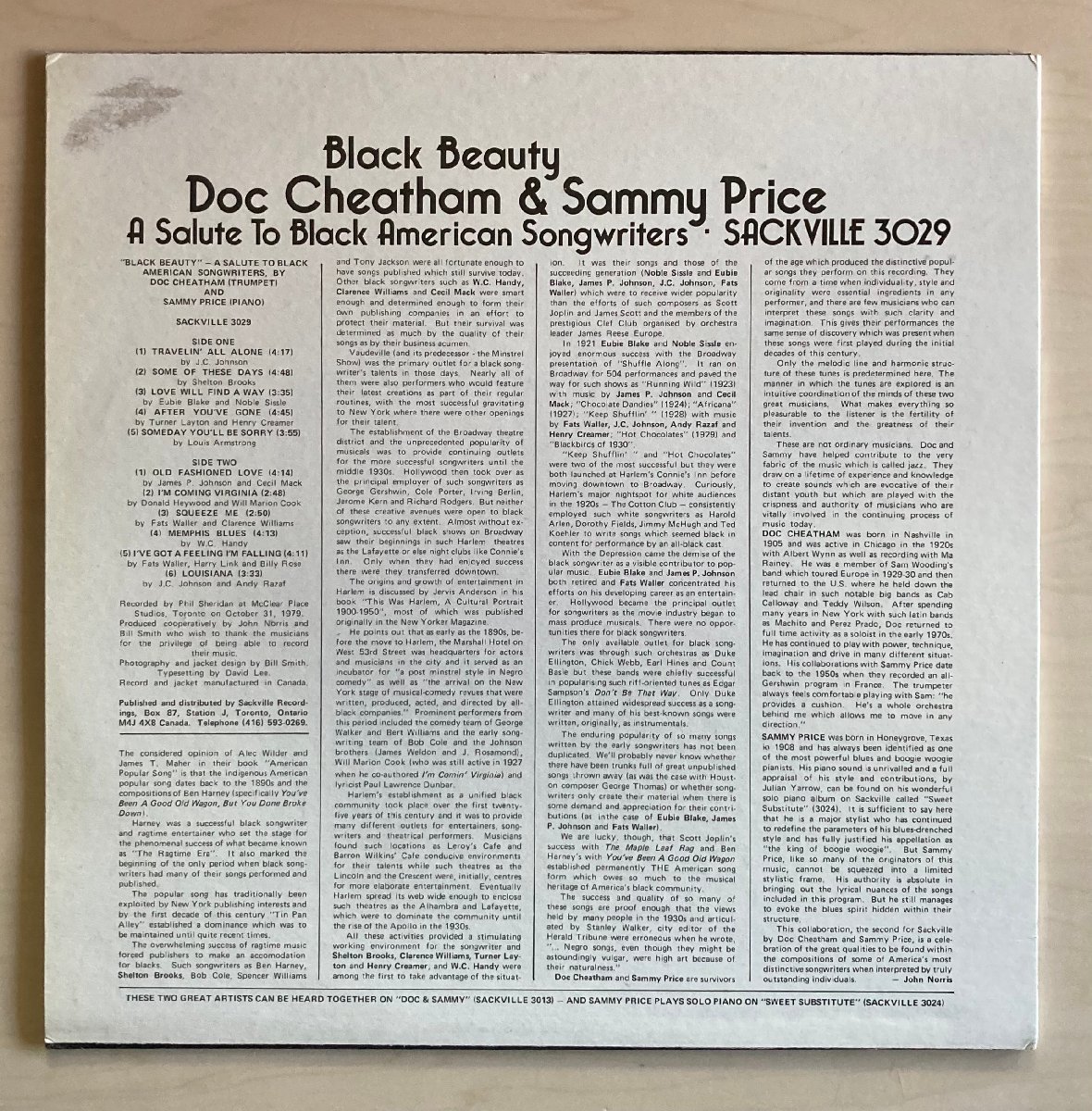 LPA22985 ドク・チータム & サミー・プライス DOC CHEATHAM SAMMY PRICE / BLACK BEAUTY 輸入盤LP 盤良好 カナダ_画像2