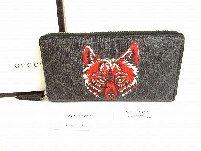 【未使用保管品】 グッチ GUCCI GG スプリーム キャンバス ウルフ 狼 ラウンドファスナ― 長財布 メンズ レディース