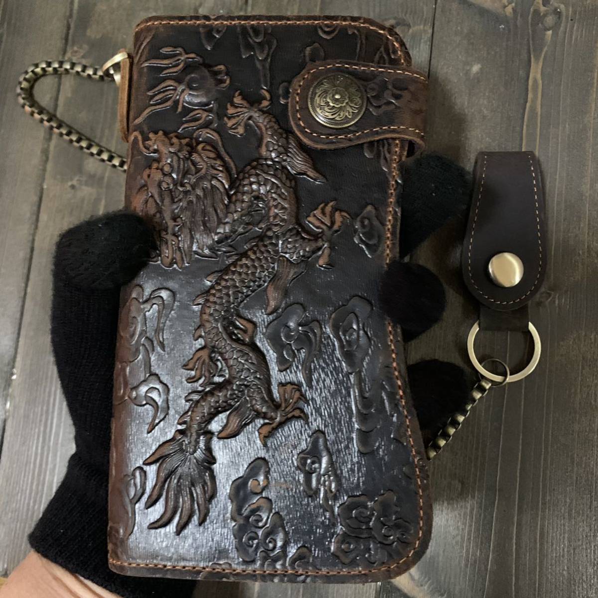  high class cow original leather # Carving Biker z wallet purse #k Lazy hose leather # dragon F Conti . leather long wallet wallet chain attaching 