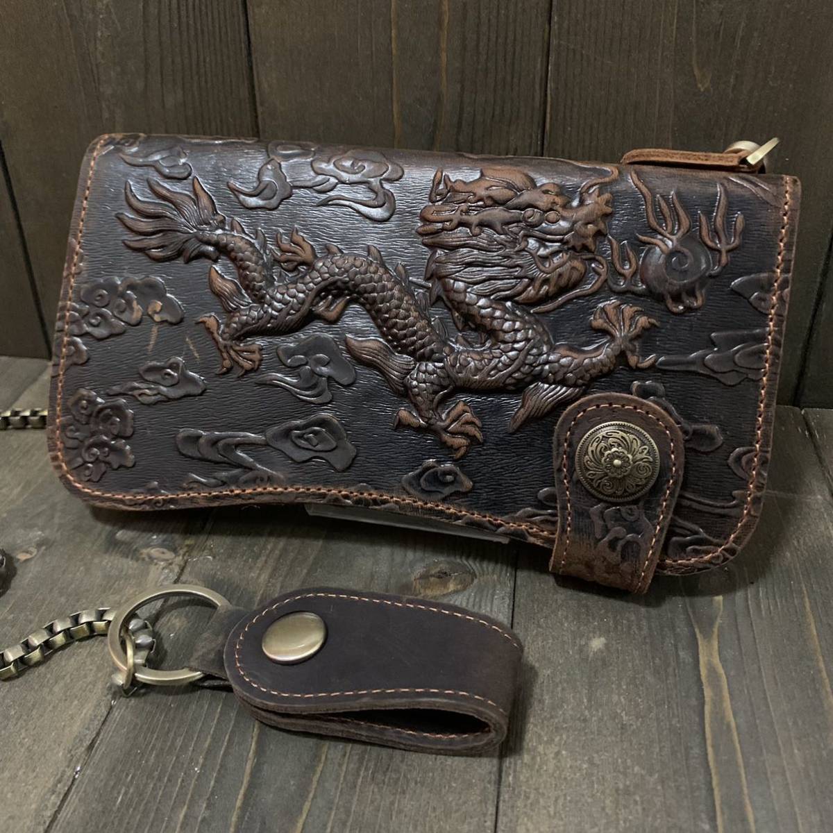  high class cow original leather # Carving Biker z wallet purse #k Lazy hose leather # dragon F Conti . leather long wallet wallet chain attaching 