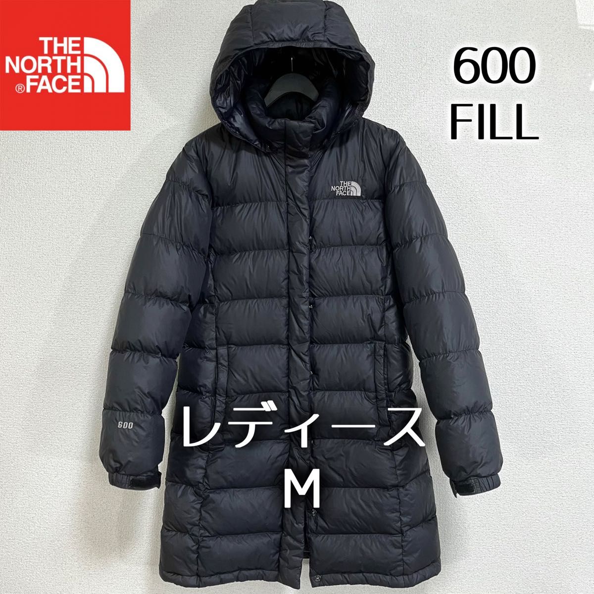 美品人気 ノースフェイス ダウンコート レディースM フード着脱可 ロゴ刺繍 THE NORTH FACE ブラック 600FP