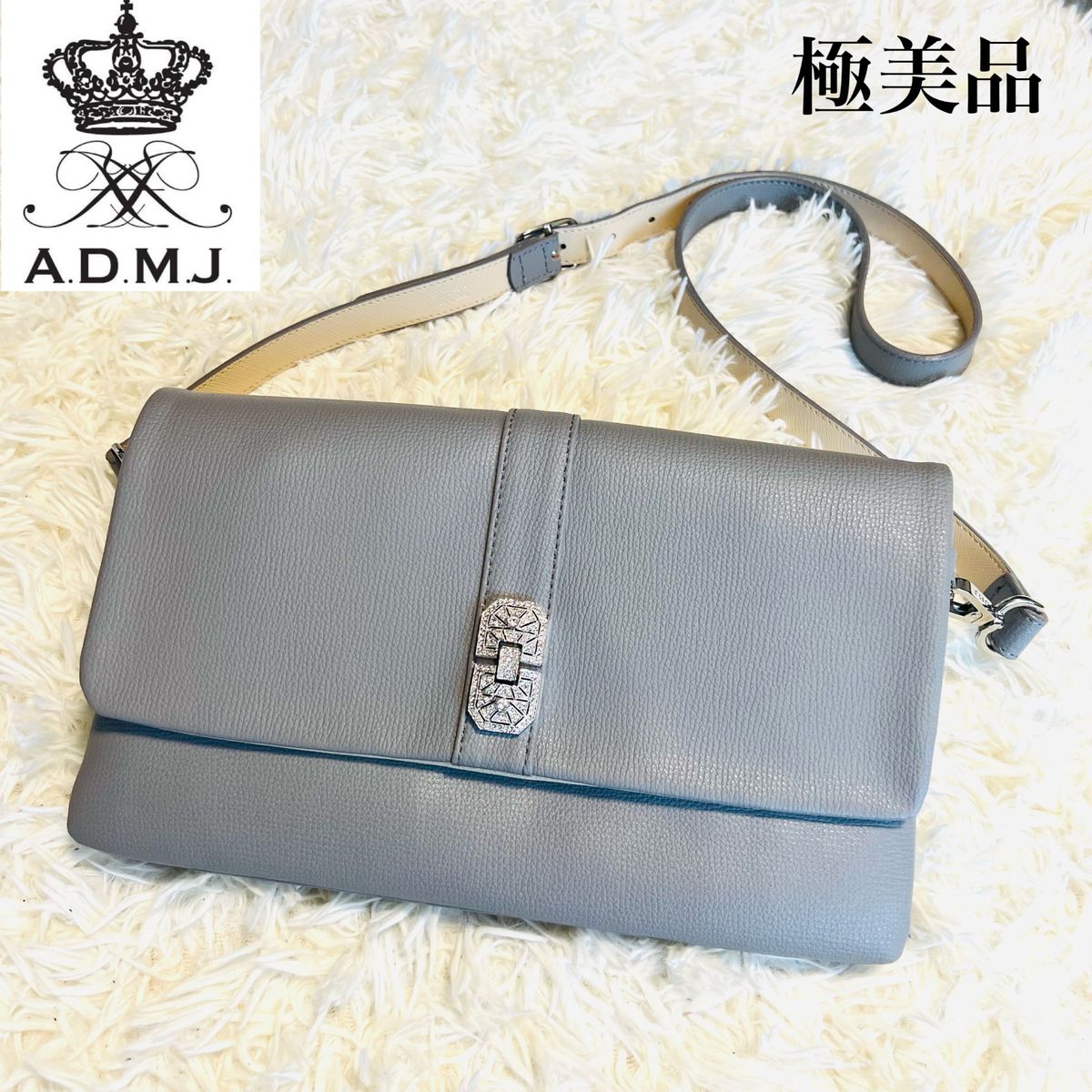 【極美品】ADMJ A.D.M.J エーディエムジェイ　スワロフスキー アールデコ レザー ショルダーバッグ　グレー