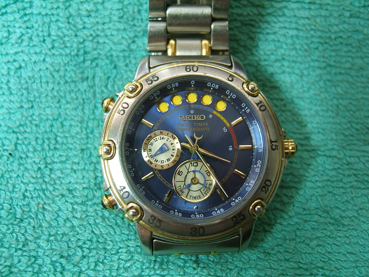 中古 SEIKO YACHT TIMER ヨットタイマー 6M37-6000 QZ 青文字盤 メンズ腕時計 稼働品　693_画像1