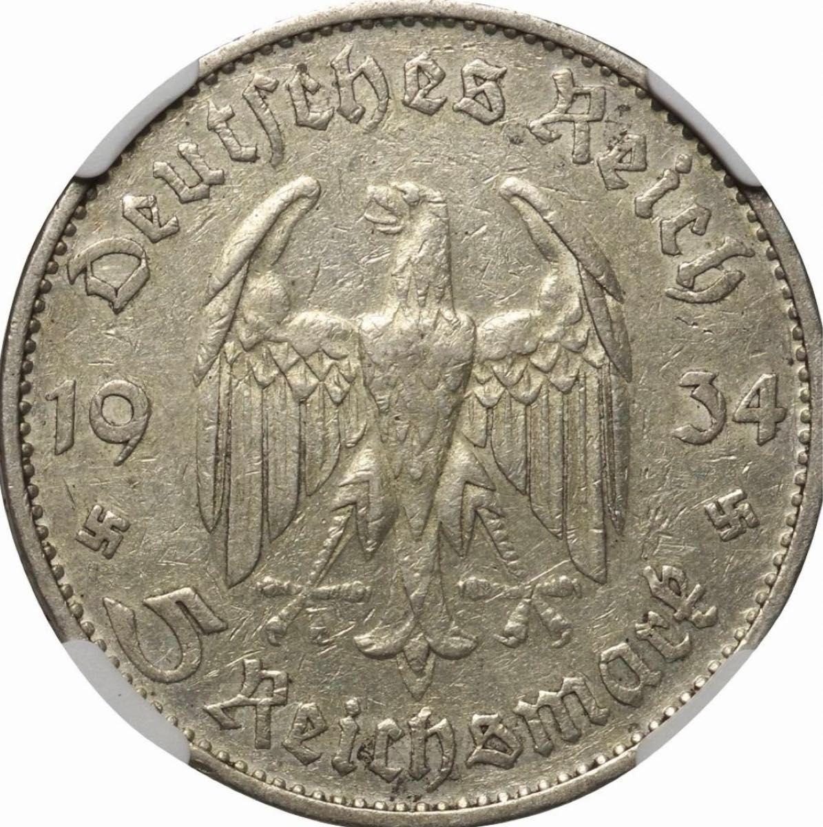 『NGC XF45』ドイツ第三帝国5ライヒスマルク銀貨(1934年)D