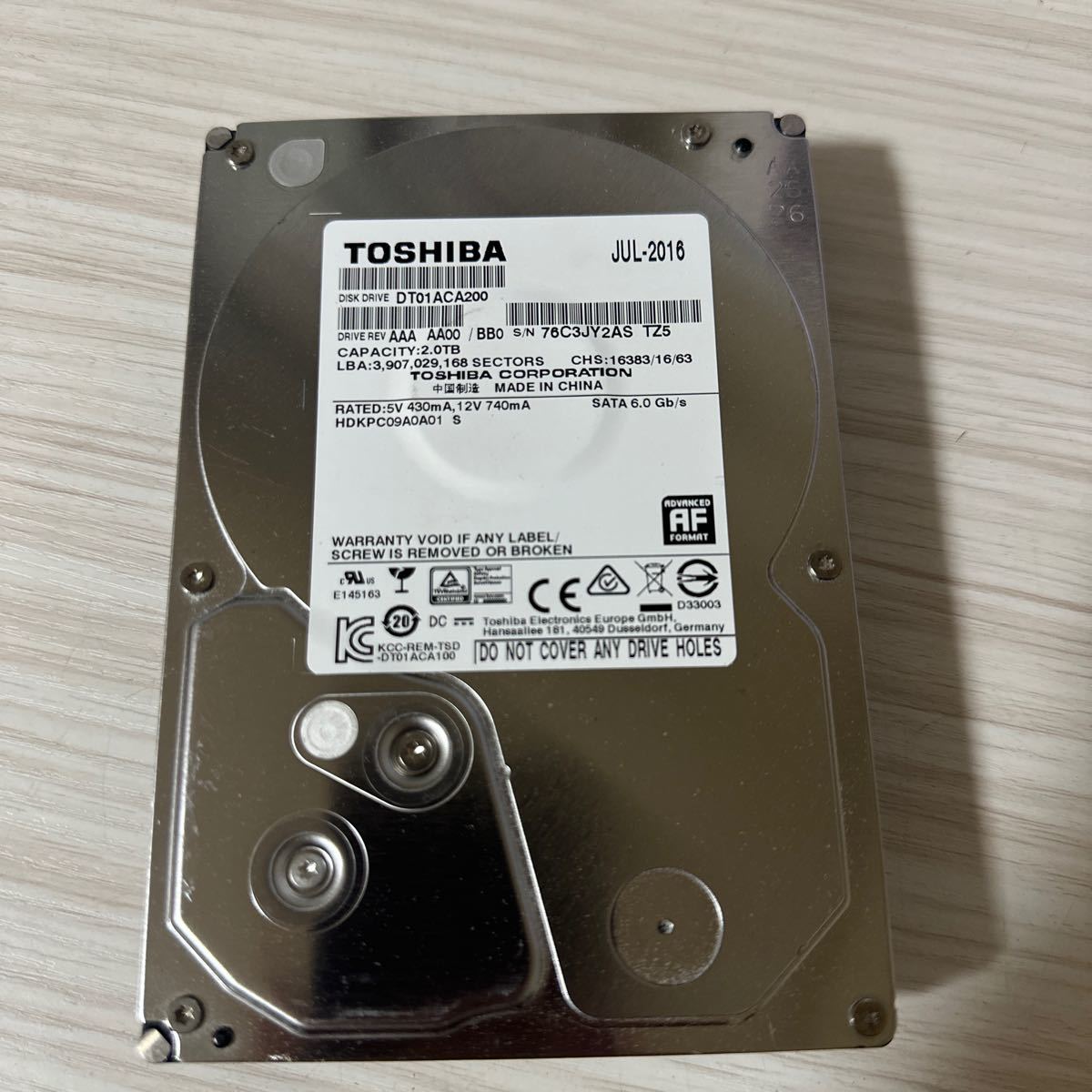 X549:【動作保証/使用0時間/AVコマンド対応】TOSHIBA 2TB HDD DT01ACA200 3.5インチHDD SATA_画像1