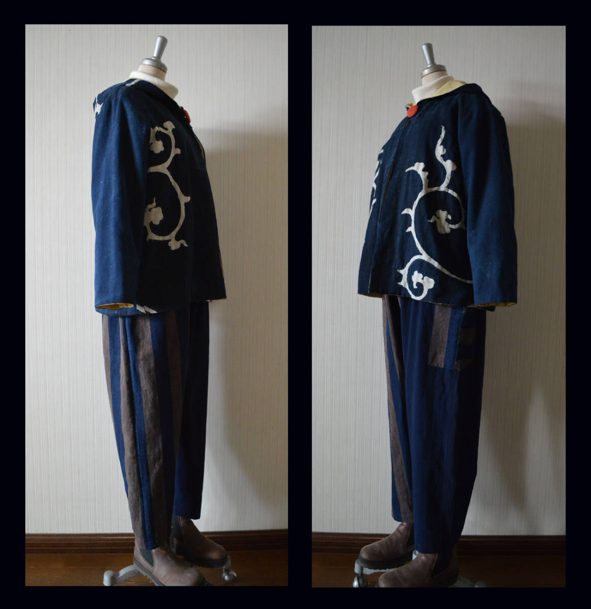 ※着物リメイク/藍染と縞木綿のサルエルパンツ・布団の側・古布※_フードジャケットも出品しています
